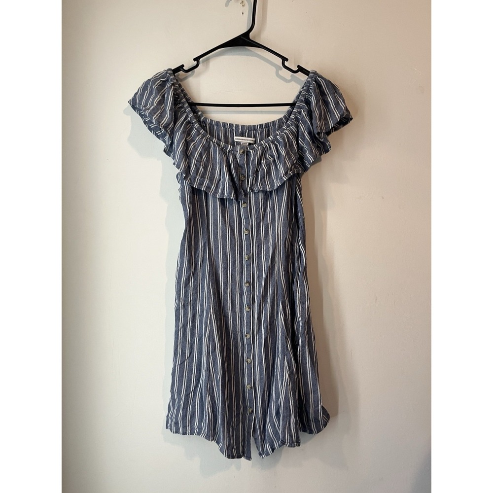 American Eagle Off The Shoulder Dress Blue Striped Ruffle Sleeve Size Small
